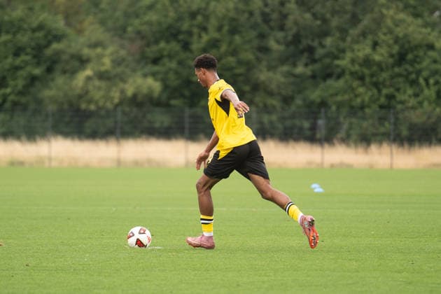 26.07.2026, GER Deutschland, Fussball, Saison 2026 2027, Testspiel zwischen Borussia Dortmund U23 vs Jong FC Utrecht Bennedikt Wüstenhagen Wuestenhagen (BV Borussia Dortmund U23, 9) Elfmeter zum 1:0, Tor, Torschuss Dortmund BVB-Trainingsgelände Hohenbuschei Nordrhein Westfalen Deutschland *** July 26, 2026, GER Germany, Soccer, 2026–2027 Season, Friendly match between Borussia Dortmund U23 and Jong FC Utrecht; Bennedikt Wüstenhagen (Wuestenhagen) of BV Borussia Dortmund U23; 9 penalty kicks resulting in a 1–0 score; goal; shot on goal; Dortmund BVB training facility in Hohenbuschei, North Rhine-Westphalia, Germany Copyright: xnordphotoxGmbHx xSchulzex