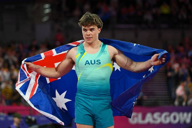 COM26 ARTISTIC GYMNASTICS, Jesse Moore of Australia reacts after winning Bronze in the Artistic Gymnastics Men™s All-Around Final during the Glasgow 2026 Commonwealth Games at the Glasgow International Arena in Glasgow, Scotland, Sunday, July 26, 2026. ( NO ARCHIVING, EDITORIAL USE ONLY Glasgow Scotland United Kingdom  Copyright: xLUKASxCOCHx 20260727126690136810