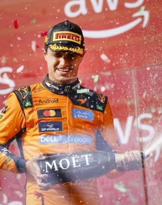 BUDAPEST - Lando Norris (McLaren) on the podium after the race at the Hungaroring for the Hungarian Grand Prix. SANDER KONING ANP xVIxANPxSportx xxANPxIVx 564343778 originalFilename: 564343778.jpg