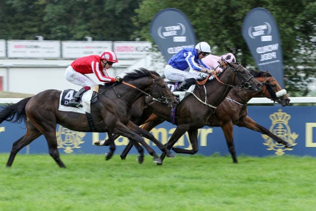 26.07.2026, Muenchen, Bayern, GER - Hotazhell (rechts) mit Shane Foley gewinnt den 50. Grossen Dallmayr-Preis. Galopprennbahn Muenchen-Riem. (Pferd, Jockey, Hotazhell, Foley, Sieg, Ziel, Zielankunft) 260726WB989MUENCHEN.JPG *** July 26, 2026, Munich, Bavaria, GER Hotazhell (right) with Shane Foley wins the 50th Grand Dallmayr Prize at the Munich-Riem Racetrack Horse, jockey, Hotazhell, Foley, victory, finish line, finish 260726WB989MUENCHEN JPG
