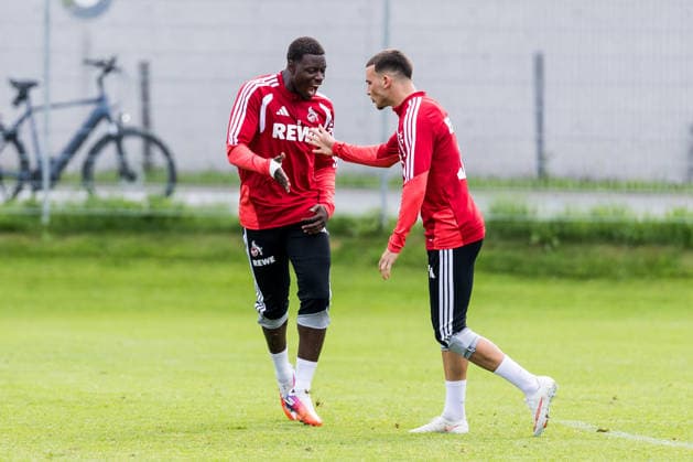 ST. JOHANN IN TIROL, AUSTRIA - JULY 26: Ragnar Ache (1. FC Koeln, 9) and Said El Mala (1. FC Koeln, 13) cheering together during a training session at trainings camp in Kitzbuehel of season 2026 27 at Koasastadion on July 26, 2026 in St. Johann in Tirol, Austria. Austria Copyright: xSteffiexWunderlx