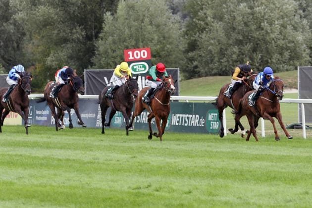 26.07.2026, Muenchen, Bayern, GER - Bint New Bay mit Per-Anders Graberg gewinnt. Galopprennbahn Muenchen-Riem. (Pferd, Jockey, Bint New Bay, Graberg, Sieg, Ziel, Zielankunft) 260726WB977MUENCHEN.JPG *** July 26, 2026, Munich, Bavaria, GER: Bint New Bay, ridden by Per Anders Graberg, wins at the Munich-Riem Racetrack. Horse, jockey, Bint New Bay, Graberg, victory, finish line, finish 260726WB977MUENCHEN JPG