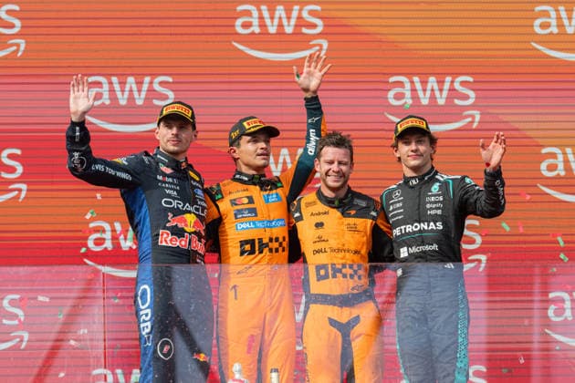 GP Formula 1 Hungary - Podium AJ Red Bull Racing driver Max Verstappen (3), McLaren driver Lando Norris (1) and Mercedes driver Andrea Kimi Antonelli (12) celebrates and showered with champagne on the podium after the Formula One Hungarian Grand Prix at the Hungaroring racetrack in Mogyorod near Budapest, Hungary, on July 26, 2026. Photo by Alexis Jumeau ABACAPRESS.COM Budapest  Copyright: xJumeauxAlexis ABACAx