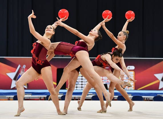 26.07.2026, xhbx, Turnen Rhythmische Sportgymnastik, Deutsche Meisterschaften 2026 v.l. Gruppe, Mannschaft vonTB Oppau, Ball Übung (DFL DFB REGULATIONS PROHIBIT ANY USE OF PHOTOGRAPHS as IMAGE SEQUENCES and or QUASI-VIDEO) Hannover *** July 26, 2026, xhbx, Rhythmic Gymnastics, 2026 German Championships, Group V, TB Oppau Team, Ball Routine—DFL and DFB regulations prohibit any use of photographs as image sequences and or quasi-video—Hanover
