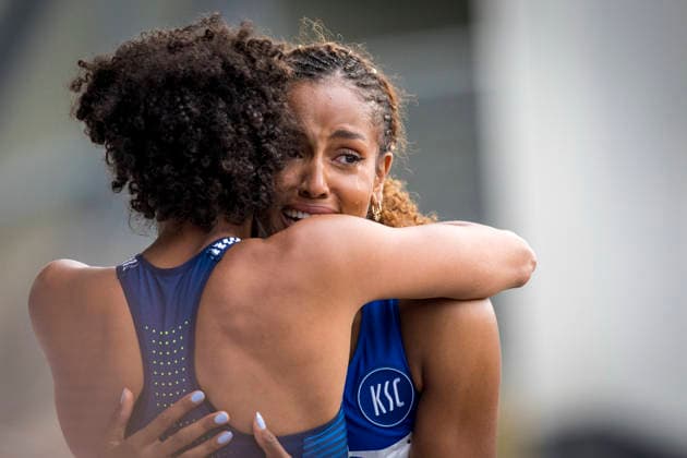 Deutsche Leichtathletik-Meisterschaften; Bochum-Wattenscheid, 26.07.2026 Mikaelle Assani (Karlsruher SC) gewinnt den Weitsprung vor Malaika Mihambo (LG Kurpfalz); Deutsche Leichtathletik-Meisterschaften am 26.07.2026 im Lorheide-Stadion, Bochum-Wattenscheid (Nordrhein-Westfalen). *** German Track and Field Championships, Bochum-Wattenscheid, July 26, 2026: Mikaelle Assani of Karlsruher SC wins the long jump ahead of Malaika Mihambo of LG Kurpfalz at the German Track and Field Championships on July 26, 2026, at Lorheide Stadium in Bochum-Wattenscheid, North Rhine-Westphalia Copyright: xBEAUTIFULxSPORTS AxelxKohringx
