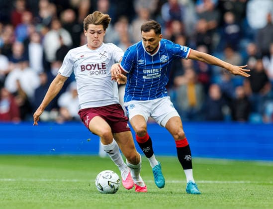 26.07.2026 Rangers v West Ham: Lewis Orford of West Ham United with Nedim Bajrami of Rangers  Copyright: xWilliexVassx NINTCHDBPICT001097749532