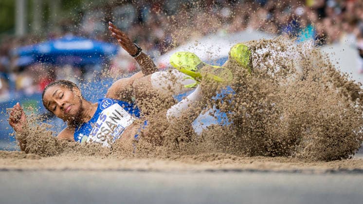 Deutsche Leichtathletik-Meisterschaften; Bochum-Wattenscheid, 26.07.2026 Mikaelle Assani (Karlsruher SC), Weitsprung; Deutsche Leichtathletik-Meisterschaften am 26.07.2026 im Lorheide-Stadion, Bochum-Wattenscheid (Nordrhein-Westfalen). *** German Track and Field Championships, Bochum-Wattenscheid, July 26, 2026; Mikaelle Assani, Karlsruher SC, Long Jump; German Track and Field Championships on July 26, 2026, at Lorheide Stadium, Bochum-Wattenscheid, North Rhine-Westphalia Copyright: xBEAUTIFULxSPORTS AxelxKohringx