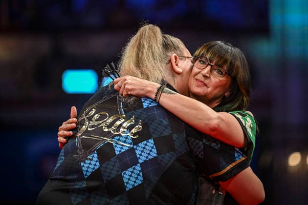 RECORD DATE NOT STATED 26th July 2026, Winter Gardens, Blackpool, Lancashire, England; 2026 Betfred Womens World Matchplay Darts, Final Day; Kirsi Viinikainen congratulates Beau Greaves on her victory in their quarter final match GodfreyxPitt