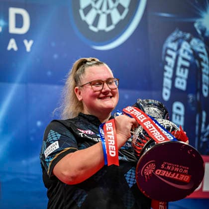 RECORD DATE NOT STATED 26th July 2026, Winter Gardens, Blackpool, Lancashire, England; 2026 Betfred Womens World Matchplay Darts, Final Day; Beau Greaves holds the Womens World Matchplay trophy after beating Fallon Sherrock in the final GodfreyxPitt