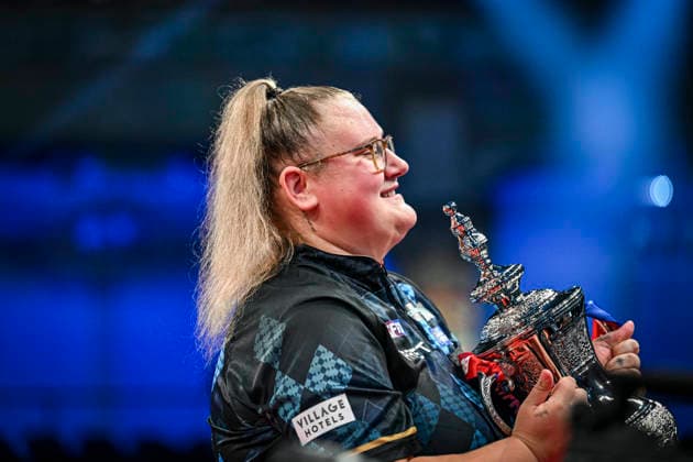 RECORD DATE NOT STATED 26th July 2026, Winter Gardens, Blackpool, Lancashire, England; 2026 Betfred Womens World Matchplay Darts, Final Day; Beau Greaves holds the Womens World Matchplay trophy after beating Fallon Sherrock in the final GodfreyxPitt