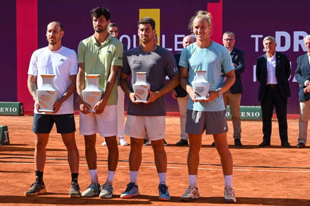 July 26, 2026, Lisbon, Lisbon, Portugal: Doubles champions Titouan Droguet and Kyrian Jacquet pose alongside runners-up Rafael Matos and Orlando Luz with their trophies after the Doubles Final at the Millennium Estoril Open ATP, Tennis Herren tennis tournament at Clube de Tenis do Estoril. Lisbon Portugal - ZUMAr238 20260726_zip_r238_047 Copyright: xRicardoxRochax