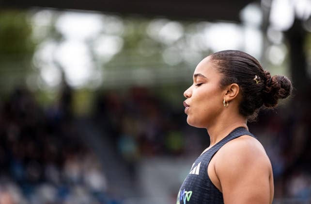 Deutsche Leichtathletik-Meisterschaften; Bochum-Wattenscheid, 26.07.2026 Voller Fokus: Kugelstoßerin Yemisi Mabry (MTG Mannheim); Deutsche Leichtathletik-Meisterschaften am 26.07.2026 im Lohrheidestadion in Bochum-Wattenscheid (Nordrhein-Westfalen). *** German Track and Field Championships, Bochum-Wattenscheid, July 26, 2026: Shot putter Yemisi Mabry of MTG Mannheim is fully focused. German Track and Field Championships on July 26, 2026, at Lohrheidestadion in Bochum-Wattenscheid, North Rhine-Westphalia Copyright: xBEAUTIFULxSPORTS R.xSchmittx