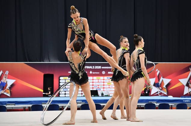 26.07.2026, xhbx, Turnen Rhythmische Sportgymnastik, Deutsche Meisterschaften 2026 v.l. Gruppe, Mannschaft TB Oppau Keulen Übung (DFL DFB REGULATIONS PROHIBIT ANY USE OF PHOTOGRAPHS as IMAGE SEQUENCES and or QUASI-VIDEO) Hannover *** July 26, 2026, xhbx, Rhythmic Gymnastics, 2026 German Championships, Group V, TB Oppau Team, Clubs Routine. DFL and DFB regulations prohibit any use of photographs as image sequences and or quasi-video. Hanover