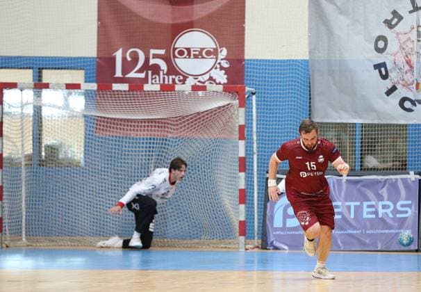 26-07.2026 xmgoodx Offenbach, Handball Männer - 125 Jahre OFC Jubliäumsspiel OFC Kickers gegen MT Melsungen Torjubel Stenger, Maximilian OFC *** July 26, 2026 xmgoodx Offenbach, Men s Handball: OFC s 125th Anniversary Match—OFC Kickers vs. MT Melsungen; Goal Celebration: Stenger, Maximilian, OFC