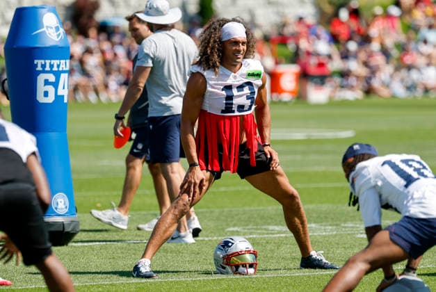 FOXBOROUGH, MA - JULY 26: Line captain Mack Hollins 13 of the New England Patriots during New England Patriots Training Camp on July 26, 2026, at Gillette Stadium in Foxborough, Massachusetts. (Photo by Fred Kfoury III Icon Sportswire) NFL, American Football Herren, USA JUL 26 Patriots Training Camp EDITORIAL USE ONLY Icon482260726015