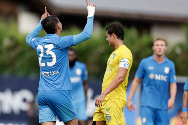 SOCCER - Friendly Match - Napoli vs. Carrarese Photo by IPA ABACAPRESS.COM87021878 - Napoli s Brazilian forward Giovane Santana do Nascimento celebrates after scoring a goal during a friendly match between SSC Napoli and Carrarese at SSC Napoli s 2026-27 preseason training camp in Val di Sole, Trentino, Dimaro Folgarida, on July 26, 2026. Dimaro Italy  Copyright: xIPAxSport ABACAx