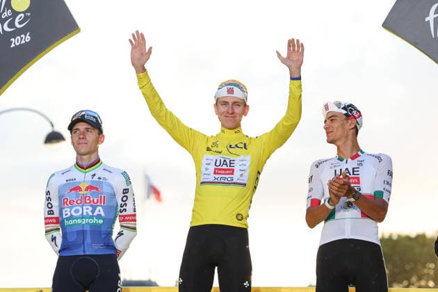 Paris, France REMCO EVENEPOEL (BEL) (RED BULL - BORA - HANSGROHE), Tadej Pogacar (UAE Team Emirates XRG) (SLO) celebrates on the podium in the yellow jersey, Isaac Del Toro (MEX) (UAE Team Emirates XRG) celebrates on the podium in the white jersey ceremony de Podium the Champs-ElysÃ es, the start Stage 21 of the Tour de France 2026 from Thoiry to Paris (Champs-ElysÃ es) on July 26, 2026, in Paris, France *** Paris, France: REMCO EVENEPOEL (BEL) RED BULL BORA HANSGROHE; Tadej Pogacar (UAE Team Emirates XRG SLO) celebrates on the podium in the yellow jersey, Isaac Del Toro MEX UAE Team Emirates XRG celebrates on the podium in the white jersey during the podium ceremony on the Champs-Élysées, the start of Stage 21 of the 2026 Tour de France from Thoiry to the Champs-Élysées in Paris on July 26, 2026, in Paris, France Copyright: HMBxMedia JoaquimxFerreira