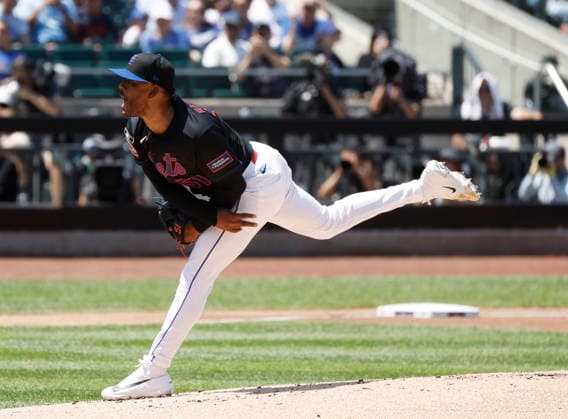 New York Mets starting pitcher Freddy Peralta throws a pitch in the first inning against the Los Angeles Dodgers at Citi Field on Sunday, July 26, 2026 in New York City.  NYP20260726129 JOHNxANGELILLO