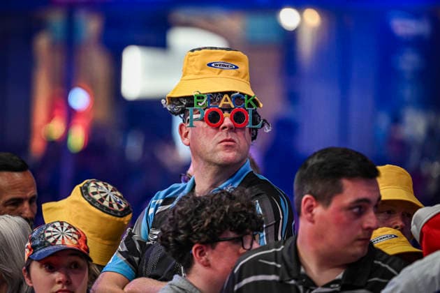RECORD DATE NOT STATED 26th July 2026, Winter Gardens, Blackpool, Lancashire, England; 2026 Betfred World Matchplay Darts, Mens, Final Day; A fan wearing Blackpool glasses GodfreyxPitt