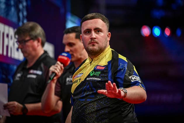 RECORD DATE NOT STATED 26th July 2026, Winter Gardens, Blackpool, Lancashire, England; 2026 Betfred World Matchplay Darts, Mens, Final Day; Luke Littler celebrates winning a leg in his final match against Gerwyn Price GodfreyxPitt