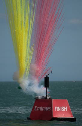 Rolex SailGP Championship Los Gallos Spain colours from a pyrotechnic during the 2026 Rolex SailGP Championship on The Solent, Portsmouth 26 07 2026 UK Newspapers OUT Copyright: xGraemexWilcocksonx FIL-23672-0053