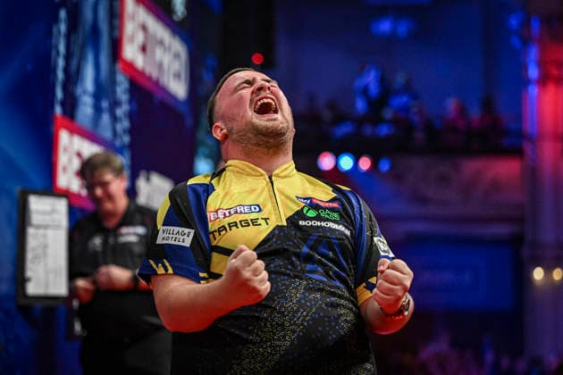 RECORD DATE NOT STATED 26th July 2026, Winter Gardens, Blackpool, Lancashire, England; 2026 Betfred World Matchplay Darts, Mens, Final Day; Luke Littler celebrates winning his final match against Gerwyn Price to retain the Betfred World Matchplay crown GodfreyxPitt