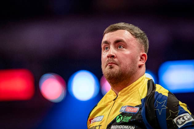 RECORD DATE NOT STATED 26th July 2026, Winter Gardens, Blackpool, Lancashire, England; 2026 Betfred World Matchplay Darts, Mens, Final Day; Luke Littler looks at the big screen during his final match against Gerwyn Price GodfreyxPitt