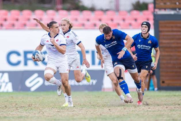 July 26, 2026, Split, Dalmatia, Croatia: Action during RUGBY EUROPE SEVENS MEN S CHAMPIONSHIP SERIES 2026 - SPLIT FINAL match between the France and Italy. On photo . Arthur MATHIRON (France) 21; Hoani Bosmorin (France) 17; Leonardo Antonio SODO MIGLIORI (Italy) 15 and Simone BRISIGHELLA (Italy) 8. RUGBY EUROPE SEVENS MEN s CHAMPIONSHIP SERIES 2026 - SPLIT FINAL: France Vs Italy 43:0  - ZUMAp210 20260726_zsp_p210_004 Copyright: xMajaxPrgometx