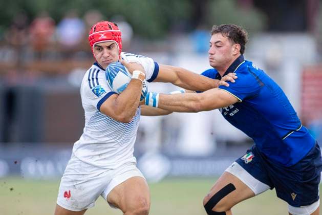 July 26, 2026, Split, Dalmatia, Croatia: Joe QUERE KARABA (France) 1 in actiong during RUGBY EUROPE SEVENS MEN S CHAMPIONSHIP SERIES 2026 - SPLIT FINAL match between the France and Italy. On photo Joe QUERE KARABA (France) 1 and Leonardo Antonio SODO MIGLIORI (Italy) 15. Split Croatia - ZUMAp210 20260726_zsp_p210_001 Copyright: xMajaxPrgometx