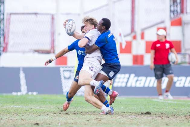July 26, 2026, Split, Dalmatia, Croatia: Action during RUGBY EUROPE SEVENS MEN S CHAMPIONSHIP SERIES 2026 - SPLIT FINAL match between the France and Italy. On photo . Merlin LEFLAMAND (France) 20 with ball; Luca BELLONI (Italy) 11; Inza DENE (Italy) 7. Split Croatia - ZUMAp210 20260726_zsp_p210_007 Copyright: xMajaxPrgometx