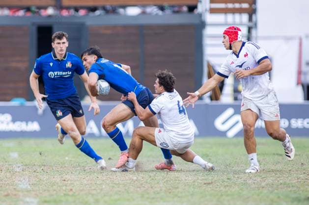 July 26, 2026, Split, Dalmatia, Croatia: Action during RUGBY EUROPE SEVENS MEN S CHAMPIONSHIP SERIES 2026 - SPLIT FINAL match between the France and Italy. On photo .Martin BLUM (France) 4 ; Joe QUERE KARABA (France) 1; Luca BELLONI (Italy) 11 with ball; Marco SCALABRIN (Italy) 14. Split Croatia - ZUMAp210 20260726_zsp_p210_009 Copyright: xMajaxPrgometx
