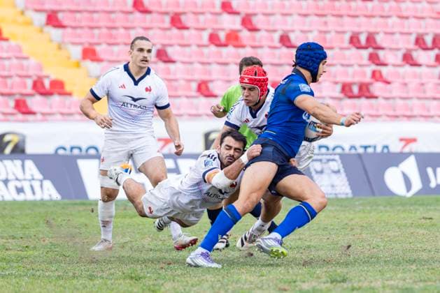July 26, 2026, Split, Dalmatia, Croatia: Action during RUGBY EUROPE SEVENS MEN S CHAMPIONSHIP SERIES 2026 - SPLIT FINAL match between the France and Italy. On photo Simone GESI (Italy) 13 with ball, Joe QUERE KARABA (France) 1 , Arthur MATHIRON (France) 21, Nathan GAGNAC (France) 72. RUGBY EUROPE SEVENS MEN s CHAMPIONSHIP SERIES 2026 - SPLIT FINAL: France Vs Italy 43:0  - ZUMAp210 20260726_zsp_p210_019 Copyright: xMajaxPrgometx