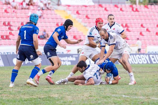 July 26, 2026, Split, Dalmatia, Croatia: Action during RUGBY EUROPE SEVENS MEN S CHAMPIONSHIP SERIES 2026 - SPLIT FINAL match between the France and Italy. On photo Simone GESI (Italy) 13 with ball, Filippo BOZZONI (Italy) 1, Simone BRISIGHELLA (Italy) 8, Joe QUERE KARABA (France) 1 , Arthur MATHIRON (France) 21, Nathan GAGNAC (France) 72, Gabriel BOHN (France) 55. RUGBY EUROPE SEVENS MEN s CHAMPIONSHIP SERIES 2026 - SPLIT FINAL: France Vs Italy 43:0  - ZUMAp210 20260726_zsp_p210_020 Copyright: xMajaxPrgometx