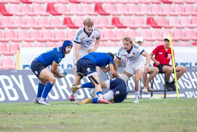 July 26, 2026, Split, Dalmatia, Croatia: Action during RUGBY EUROPE SEVENS MEN S CHAMPIONSHIP SERIES 2026 - SPLIT FINAL match between the France and Italy. On photo Merlin LEFLAMAND (France) 20, Johan WASSERMAN (France) 67, Simone GESI (Italy) 13 with ball. RUGBY EUROPE SEVENS MEN s CHAMPIONSHIP SERIES 2026 - SPLIT FINAL: France Vs Italy 43:0  - ZUMAp210 20260726_zsp_p210_022 Copyright: xMajaxPrgometx