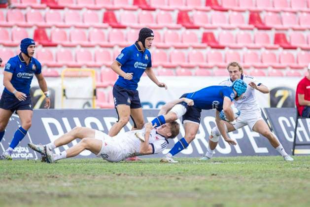 July 26, 2026, Split, Dalmatia, Croatia: Action during RUGBY EUROPE SEVENS MEN S CHAMPIONSHIP SERIES 2026 - SPLIT FINAL match between the France and Italy. On photo Merlin LEFLAMAND (France) 2 on ground, Johan WASSERMAN (France) 67, Filippo BOZZONI (Italy) 1 with ball; Simone BRISIGHELLA (Italy) 8, Simone GESI (Italy) 13. Split Croatia - ZUMAp210 20260726_zsp_p210_021 Copyright: xMajaxPrgometx