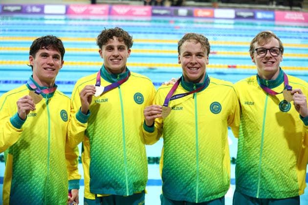 July 26, 2026, Glasgow, Scotland, Great Britain: SAM SHORT, HARRISON TURNER, EDWARD SOMMERVILLE and KAI TAYLOR of Team Australia with their gold medals during the Swimming Men s 4 x 200m Freestyle Relay Medal Ceremony of the Commonwealth Games Glasgow 2026 at the Tollcross International Swimming Centre in Glasgow, Scotland. Commowealth Games 2026: Swimming  - ZUMAc179 20260726_zep_c179_513 Copyright: xMickaelxChavetx