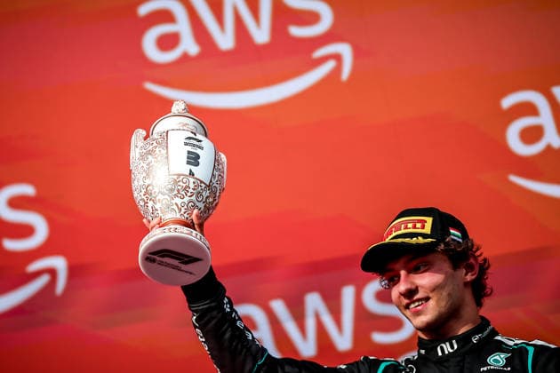 (260727) -- MOGYOROD, July 27, 2026 -- Mercedes Andrea Kimi Antonelli of Italy reacts during the awarding ceremony after the Formula One Hungarian Grand Prix at the Hungaroring in Mogyorod, near Budapest, Hungary, July 26, 2026. (Photo by Xinhua) (SP)HUNGARY-MOGYOROD-F1-HUNGARIAN GRAND PRIX-RACE DavidxBalogh 