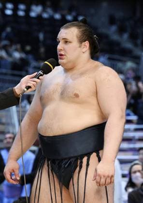 Nagoya Grand Sumo Tournament Sekiwake Aonishiki gives an interview after winning the 15-day Nagoya Grand Sumo Tournament at IG Arena in Nagoya, central Japan, on July 26, 2026. (Pool photo)  A14AA0005624094P