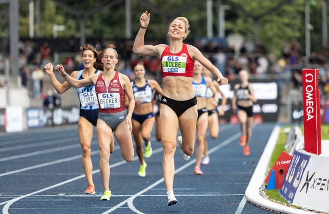 Deutsche Leichtathletik-Meisterschaften; Bochum-Wattenscheid, 26.07.2026 Auf der Ziellinie: Smilla Kolbe (Eintracht Frankfurt e.V.) wird Deutsche Meisterin über 800m der Frauen; Deutsche Leichtathletik-Meisterschaften am 26.07.2026 im Lohrheidestadion in Bochum-Wattenscheid (Nordrhein-Westfalen). *** German Track and Field Championships, Bochum-Wattenscheid, July 26, 2026: At the finish line, Smilla Kolbe of Eintracht Frankfurt e.V. becomes the German champion in the women’s 800m. The German Track and Field Championships took place on July 26, 2026, at the Lohrheidestadion in Bochum-Wattenscheid, North Rhine-Westphalia. Copyright: xBEAUTIFULxSPORTS R.xSchmittx