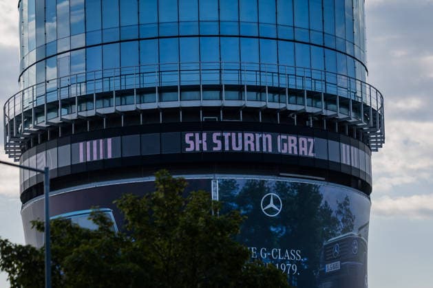 SOCCER - UEFA CL, Hearts vs Sturm GRAZ,AUSTRIA,27.JUL.26 - SOCCER - UEFA Champions League, qualification, Heart of Midlothian FC vs SK Sturm Graz, preview, departure Sturm. Image shows the tower with lettering.  GEPAxpictures xMatthiasxTrinkl