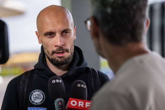 SOCCER - UEFA CL, Hearts vs Sturm GRAZ,AUSTRIA,27.JUL.26 - SOCCER - UEFA Champions League, qualification, Heart of Midlothian FC vs SK Sturm Graz, preview, departure Sturm. Image shows Jon Gorenc Stankovic (Sturm) during an interview with ORF.  GEPAxpictures xMatthiasxTrinkl