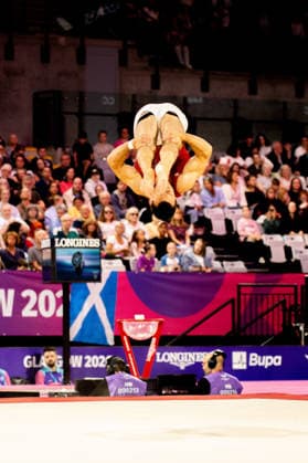 GLASGOW, SCOTLAND - JULY 27: Rene COURNOYER of Canada competes and comes first in the Men’s Floor Exercise Final at The Arena, Glasgow on July 27, 2026 in Glasgow, Scotland. (Photo by Claire Jeffrey Sports Press Photo)  Copyright: xClairexJeffreyx xSPPx Sportspressphoto_SPR197840