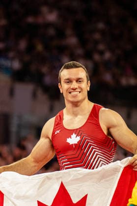 GLASGOW, SCOTLAND - JULY 27: Rene COURNOYER of Canada competes and comes first in the Men’s Floor Exercise Final at The Arena, Glasgow on July 27, 2026 in Glasgow, Scotland. (Photo by Claire Jeffrey Sports Press Photo)  Copyright: xClairexJeffreyx xSPPx Sportspressphoto_SPR197843