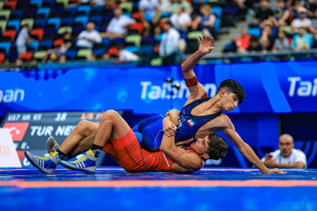 U17, U 17 Wrestling World Championships 48kg GR - Ali Morteza Esmaeili Leivesi (IRI) df. Houssem Eddine Bouha (ALG) *** U17 Wrestling World Championships, 48 kg, Greco-Roman: Ali Morteza Esmaeili Leivesi (IRI) def. Houssem Eddine Bouha (ALG) Copyright: xUnitedxWorldxWrestlingx xAmirrezx UWW-U17-WC-BAKU-2026