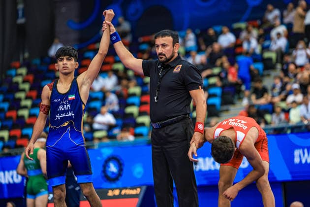 U17, U 17 Wrestling World Championships 48kg GR - Ali Morteza Esmaeili Leivesi (IRI) df. Houssem Eddine Bouha (ALG) *** U17 Wrestling World Championships, 48 kg, Greco-Roman: Ali Morteza Esmaeili Leivesi (IRI) def. Houssem Eddine Bouha (ALG) Copyright: xUnitedxWorldxWrestlingx xAmirrezx UWW-U17-WC-BAKU-2026