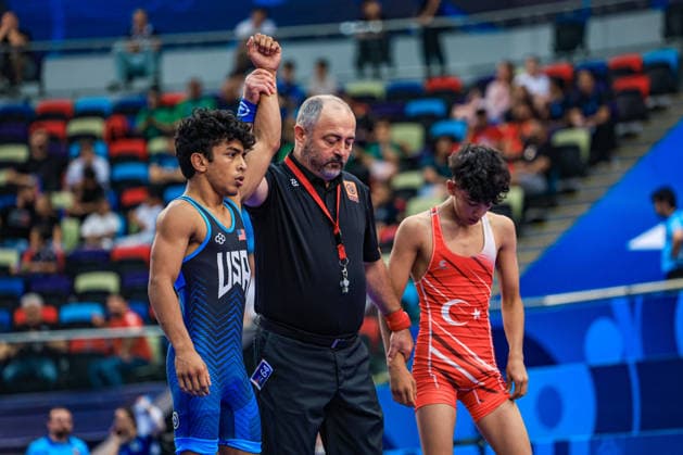 U17, U 17 Wrestling World Championships 48kg GR - Arav Pandey (USA) df. Mustafa Kerem Karakose (TUR) *** U17 Wrestling World Championships, 48 kg Greco-Roman: Arav Pandey (USA) defeated Mustafa Kerem Karakose (TUR) Copyright: xUnitedxWorldxWrestlingx xAmirrezx UWW-U17-WC-BAKU-2026