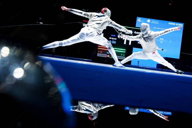 CHINA, HONG KONG - JULY 27, 2026: Russia s Pavel Graudyn (L) and France s Sebastien Patrice compete in the men s individual sabre event at the 2026 Kerry Fencing World Championships. Mikhail Sinitsyn TASS  95534114