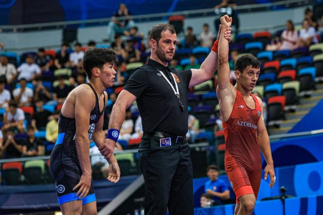 U17, U 17 Wrestling World Championships 55kg GR - Gurban Majnunov (AZE) df. Alikhan Nurbekovich Miinazarov (KGZ) *** U17 Wrestling World Championships, 55 kg Greco-Roman: Gurban Majnunov (AZE) defeated Alikhan Nurbekovich Miinazarov (KGZ) Copyright: xUnitedxWorldxWrestlingx xAmirrezx UWW-U17-WC-BAKU-2026