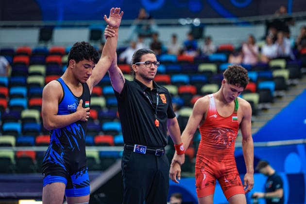 U17, U 17 Wrestling World Championships 65kg GR - Bakhtovar Primqulov (TJK) df. Georgi Petrov Markov (BUL) *** U17 Wrestling World Championships, 65 kg Greco-Roman: Bakhtovar Primqulov (TJK) defeated Georgi Petrov Markov (BUL) Copyright: xUnitedxWorldxWrestlingx xAmirrezx UWW-U17-WC-BAKU-2026