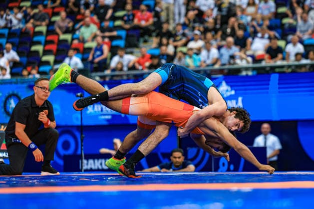 U17, U 17 Wrestling World Championships 65kg GR - Ibrahim Nasibov (UKR) df. Kunal Dagar (IND) *** U17 Wrestling World Championships, 65 kg Greco-Roman: Ibrahim Nasibov (UKR) defeated Kunal Dagar (IND) by fall Copyright: xUnitedxWorldxWrestlingx xAmirrezx UWW-U17-WC-BAKU-2026